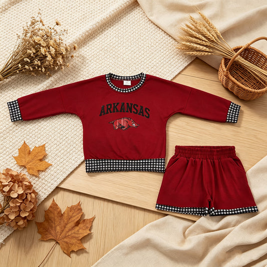 RTS NO MOQ Vinyl GLS0167 Baby Boys Red Long Sleeve Top Short Team Clothes Set