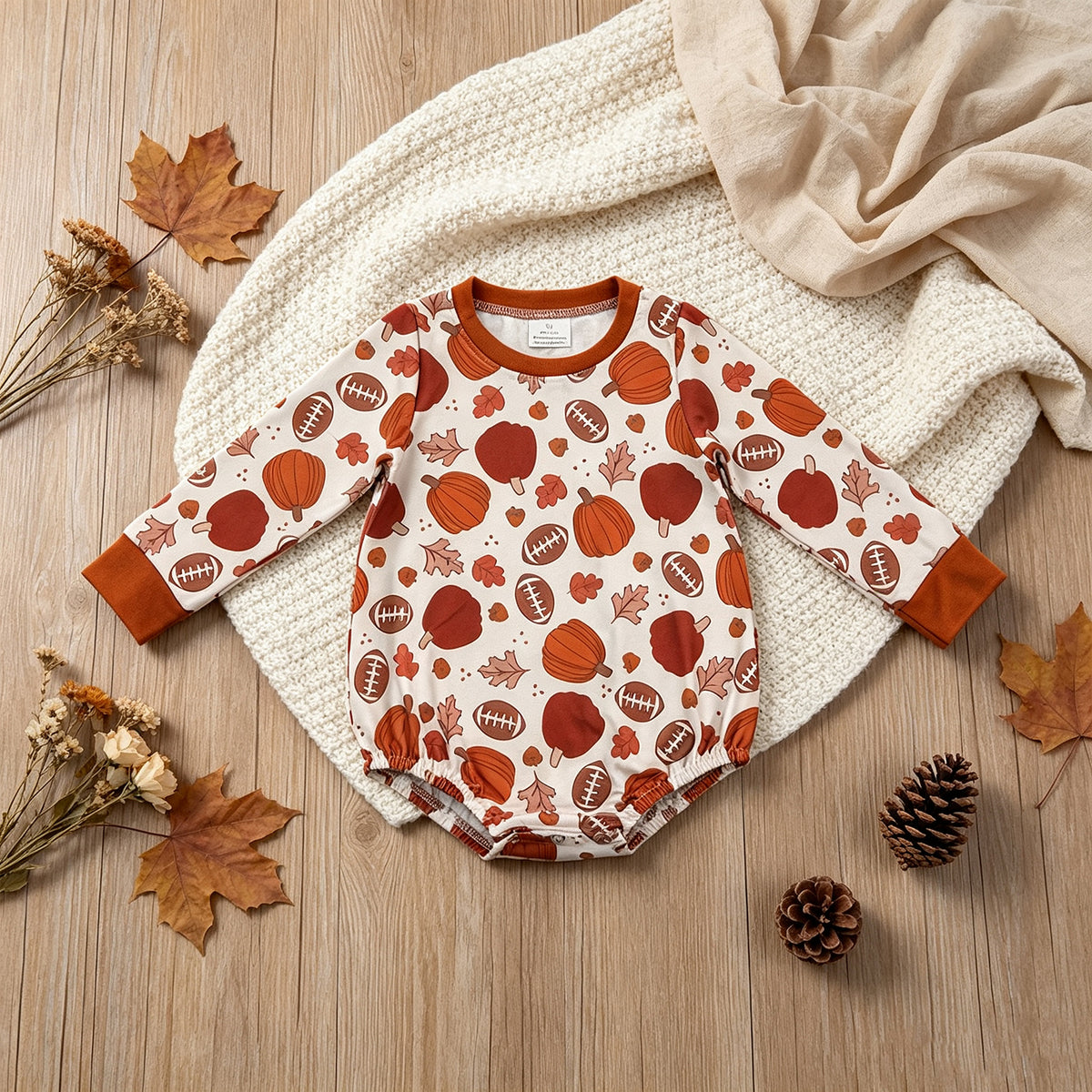 RTS NO MOQ （In stock） milk silk LR3235 Baby Boys Football Pumpkins Long Sleeve Fall Cute Romper