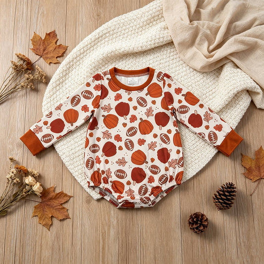 RTS NO MOQ （In stock） milk silk LR3235 Baby Boys Football Pumpkins Long Sleeve Fall Cute Romper