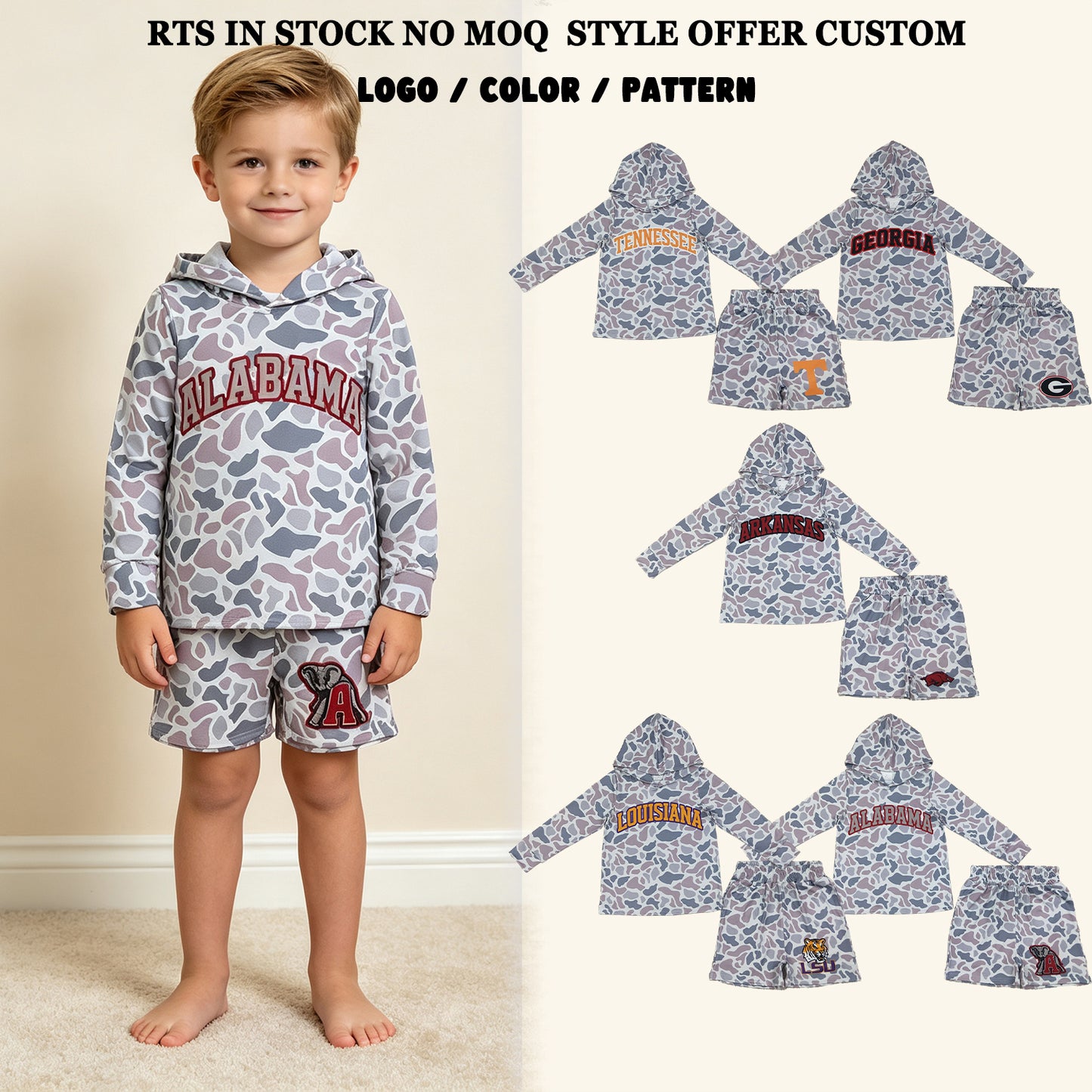 RTS NO MOQ Sibling milk silk Baby Boys Light Grey Camo Long Sleeve Hoodie Pockets Short Team Clothes Set