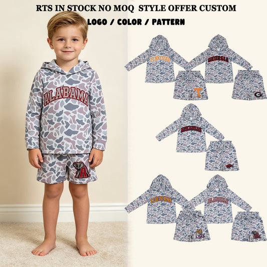 RTS NO MOQ Sibling milk silk Baby Boys Light Grey Camo Long Sleeve Hoodie Pockets Short Team Clothes Set