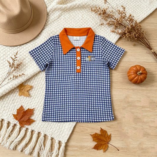 RTS NO MOQ （In stock）milk silk BT1892 Embroidery Pumpkins Baby Boys Hot Blue Checked Fall Button Polo Shirts Top