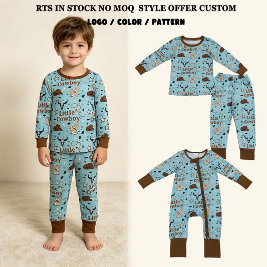 RTS NO MOQ Sibling milk silk RTS NO MOQ Sibling milk silk Baby Boys Cowboy Print Zipper Romper And Long Sleeve Top Pants Pajamas Set