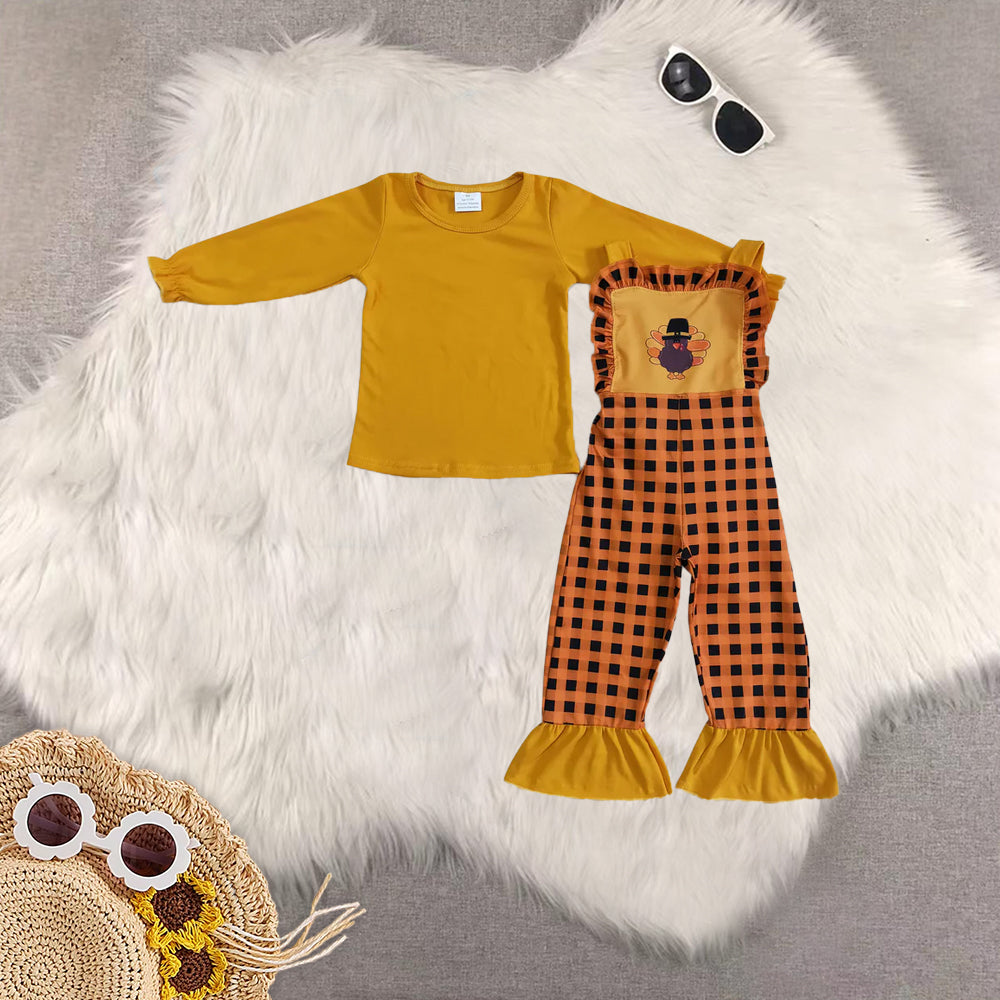 RTS Sibling Baby Turkey screen print plaid overalls cotton shirt girls boutique clothing