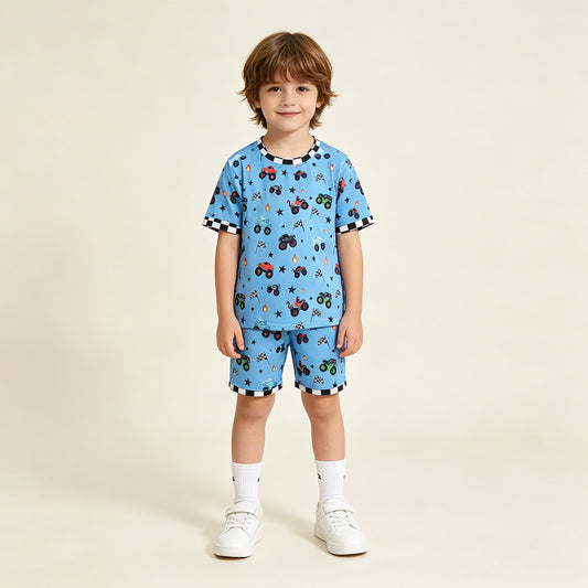 RTS BT1496+SS0736 Baby Boys 4th of July Car Flag Print Top And Shorts Set