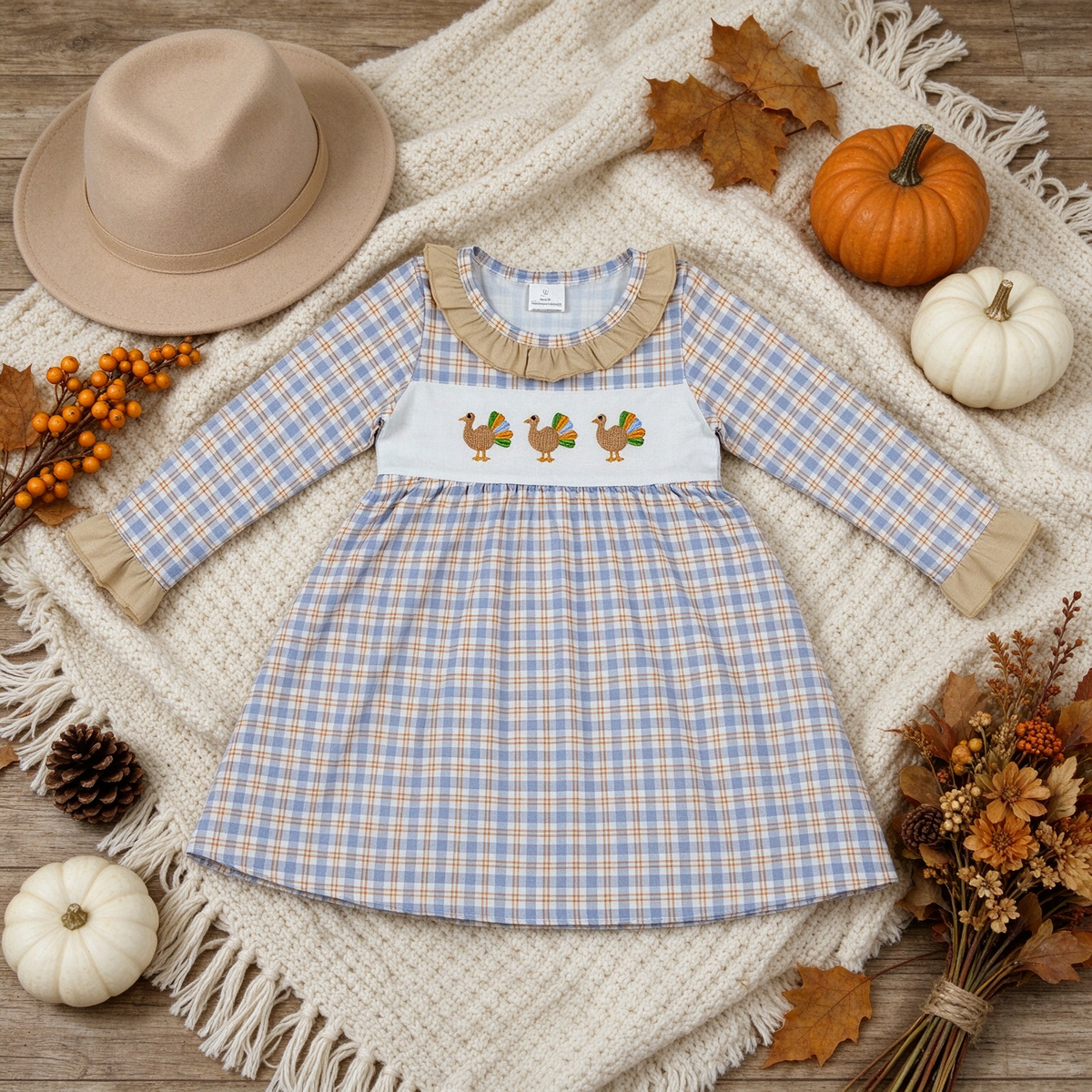 RTS NO MOQ （In stock）milk silk GLD1667 Embroidery Baby Girls Turkey Checked Knee Length Long Sleeve Casual Dress