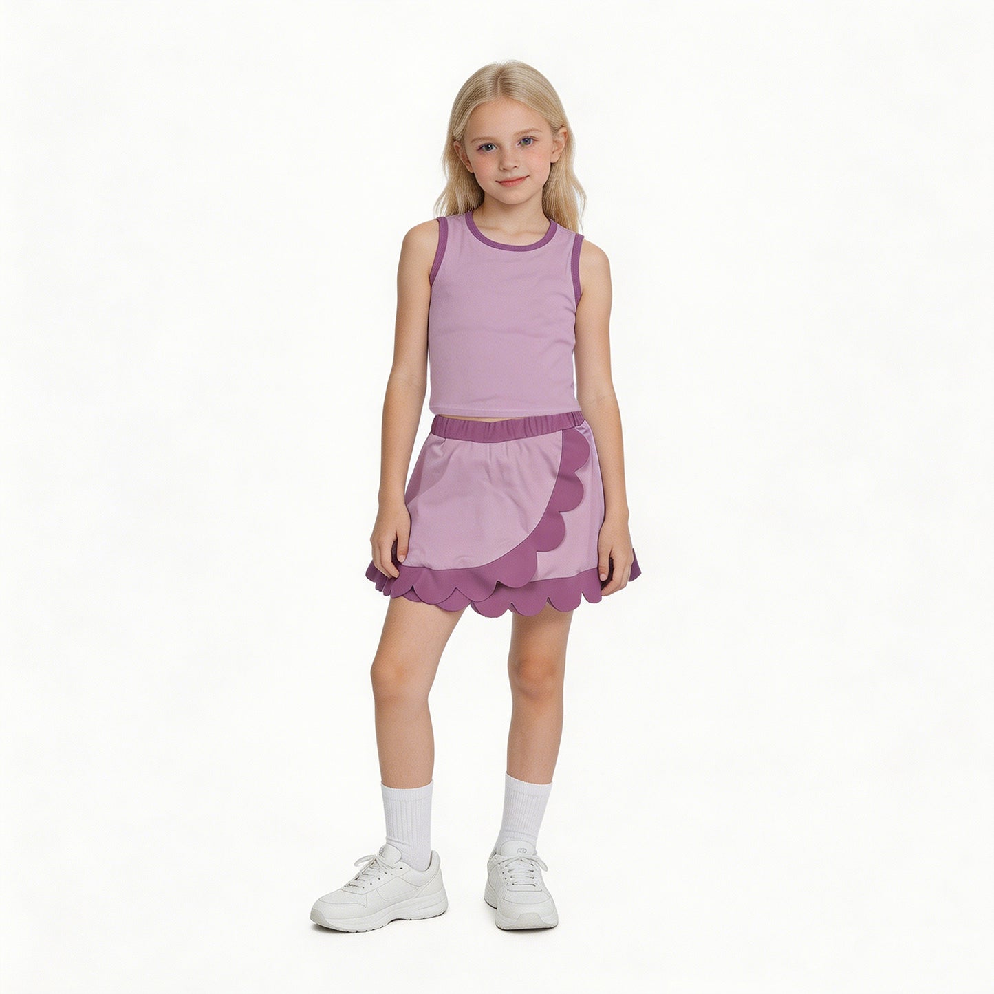 GSD4085 RTS NO MOQ （In stock）Pink scallop princess girls summer active wear set
