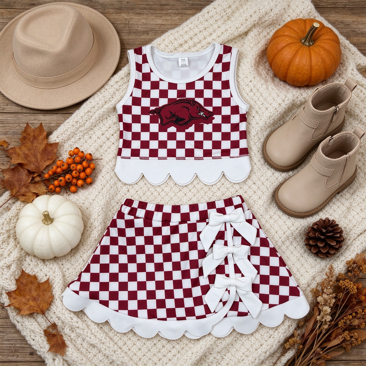 RTS NO MOQ （In stock）yoga fabric GSD4286 Yoga Baby Girls Checked Bows Scallop Trim Skirt Short Yoga Team Set