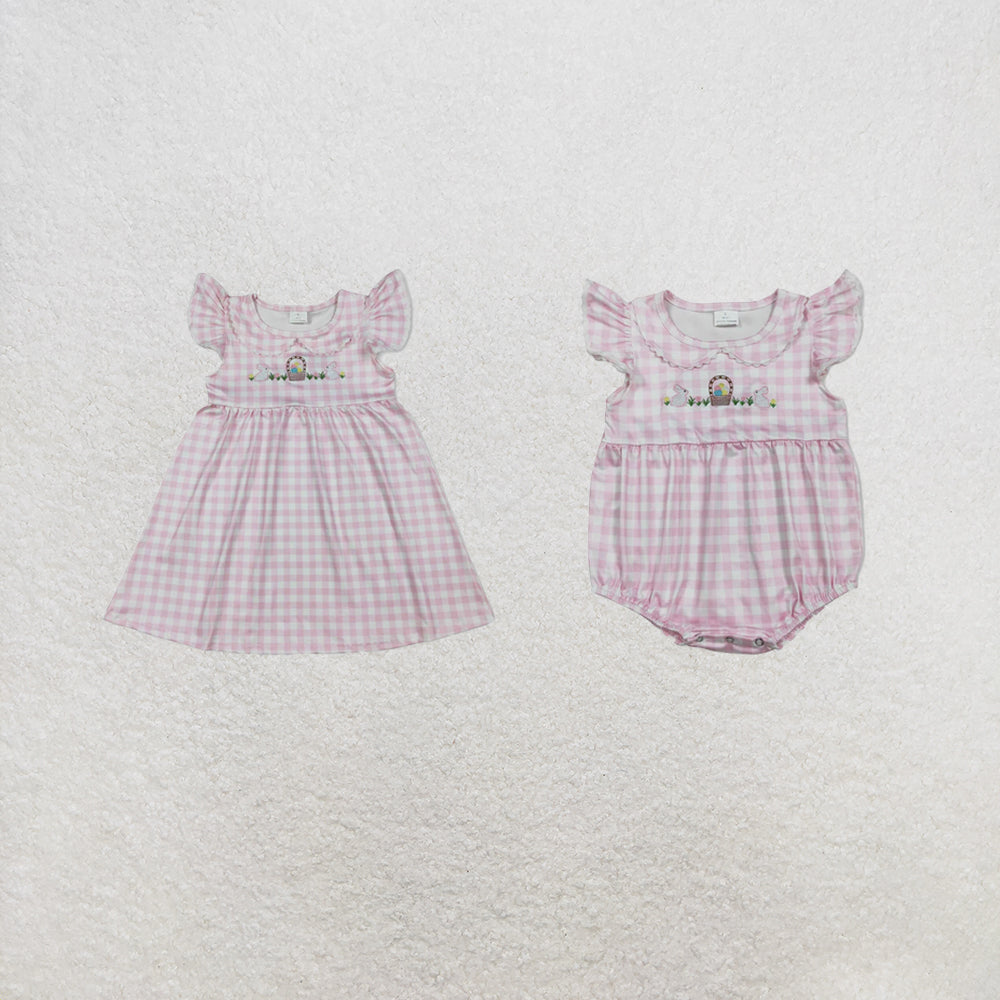 RTS Sibling Flutter sleeves pink plaid rabbit egg girls Easter dresses and romper