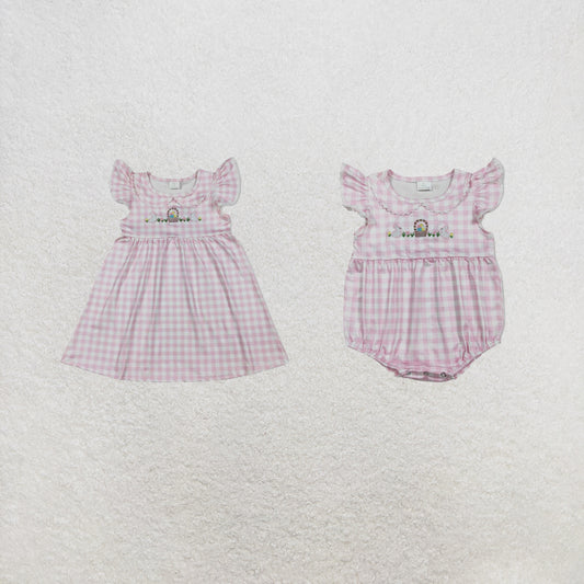 RTS Sibling Flutter sleeves pink plaid rabbit egg girls Easter dresses and romper