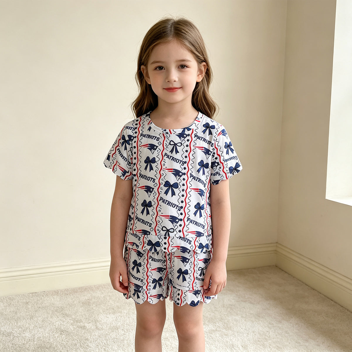 RTS NO MOQ （In stock）GSSO3854 milk silk Baby Girls Rams Bows Stripe Top Short Team Scallop Clothes Sets