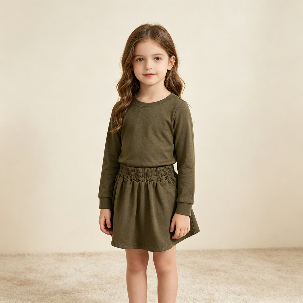 RTS NO MOQ GLD1698 cotton Baby Girls Olive Long Sleeve Top Pockets Skirt Short Clothes Sets