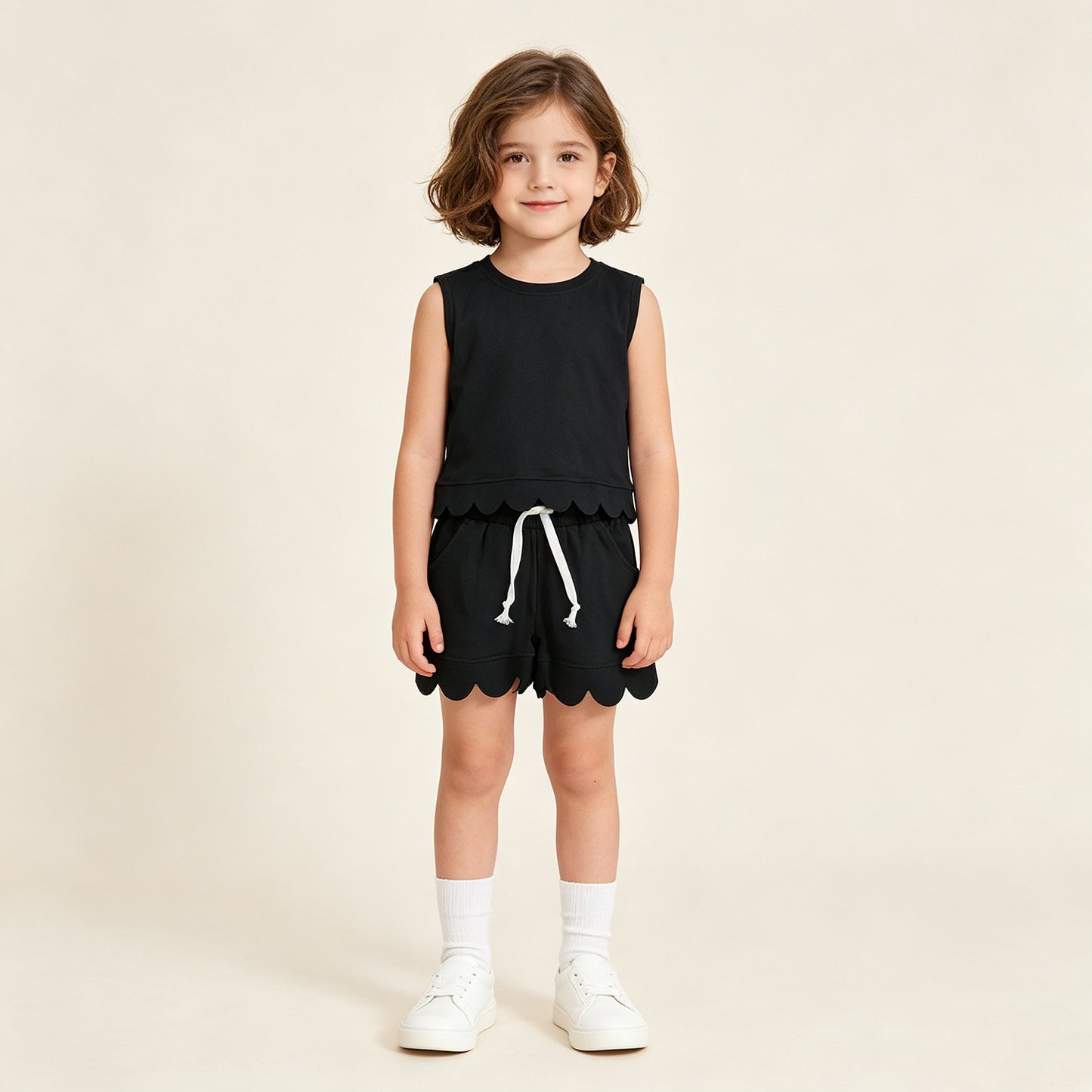 GSSO3733 RTS NO MOQ （In stock ）Sleeveless black scallop top shorts kids girls outfits