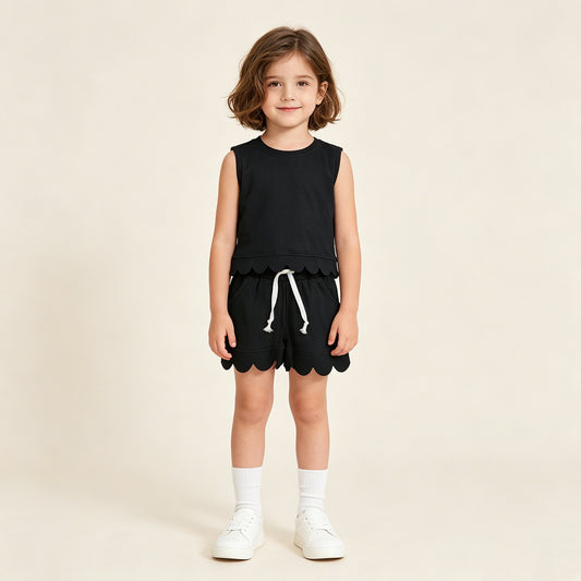 GSSO3733 RTS NO MOQ （In stock ）Sleeveless black scallop top shorts kids girls outfits