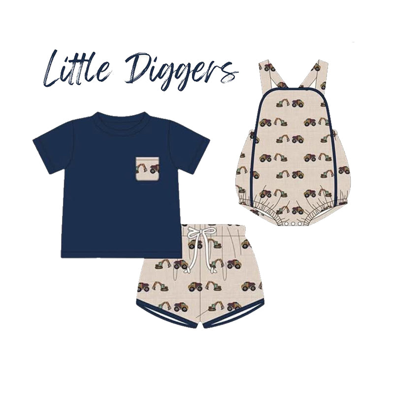 Stylish Boys' Short-Sleeved Navy Construction Top Paired with Shorts