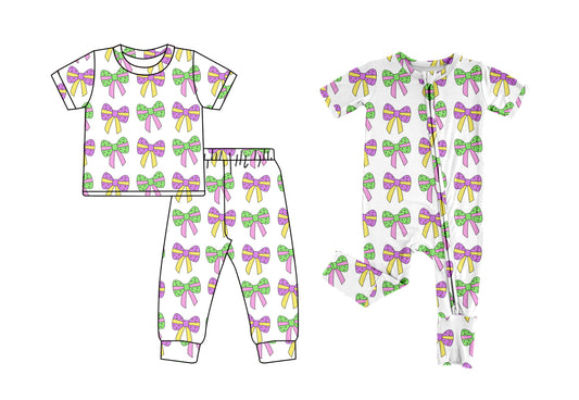 Baby Infant Colorful Bows Mardi Gras Zip Short Sleeve Rompers and short sleeve  pants suits