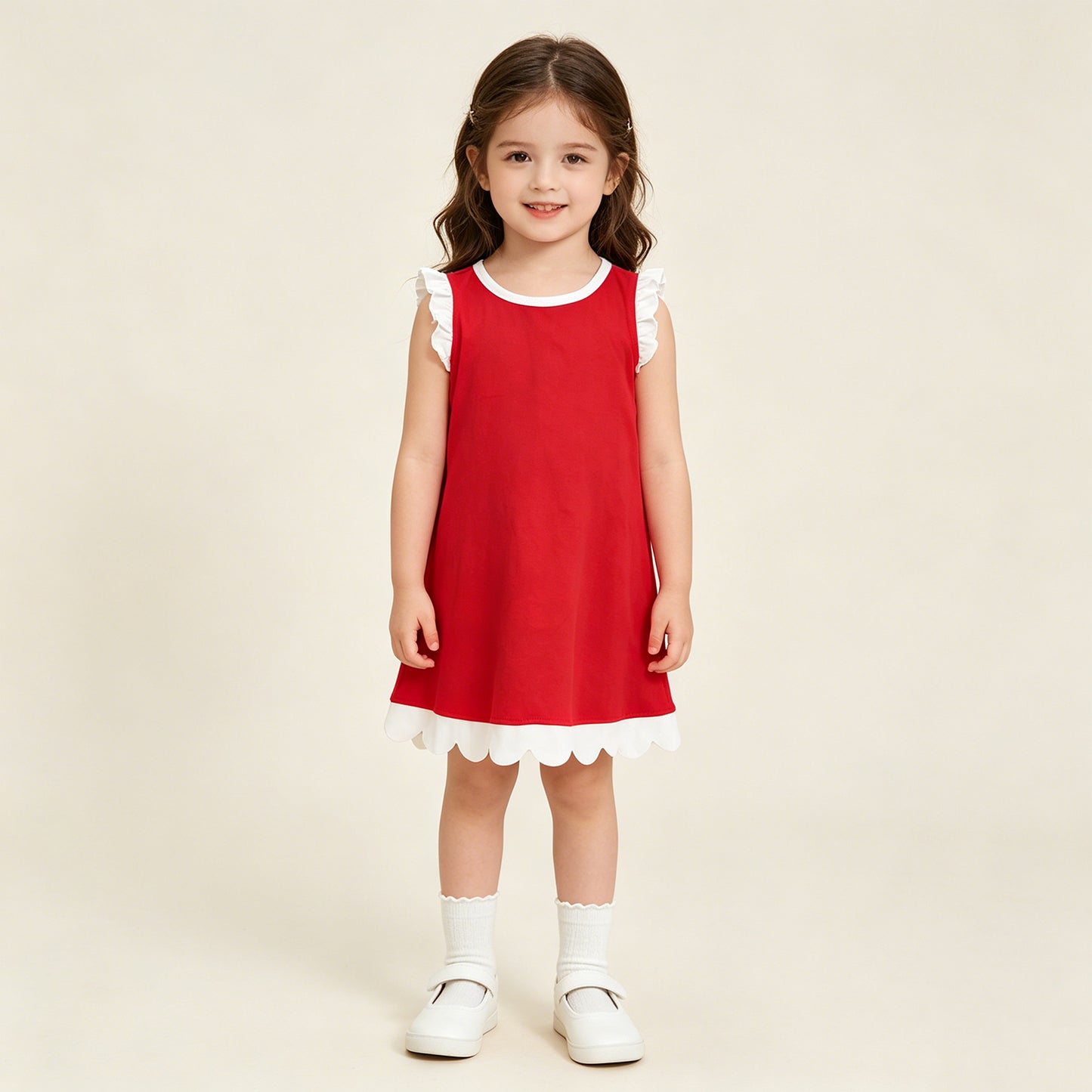 GSD4047 RTS NO MOQ （In stock）White scallop ruffle sleeveless red girls cotton team dress