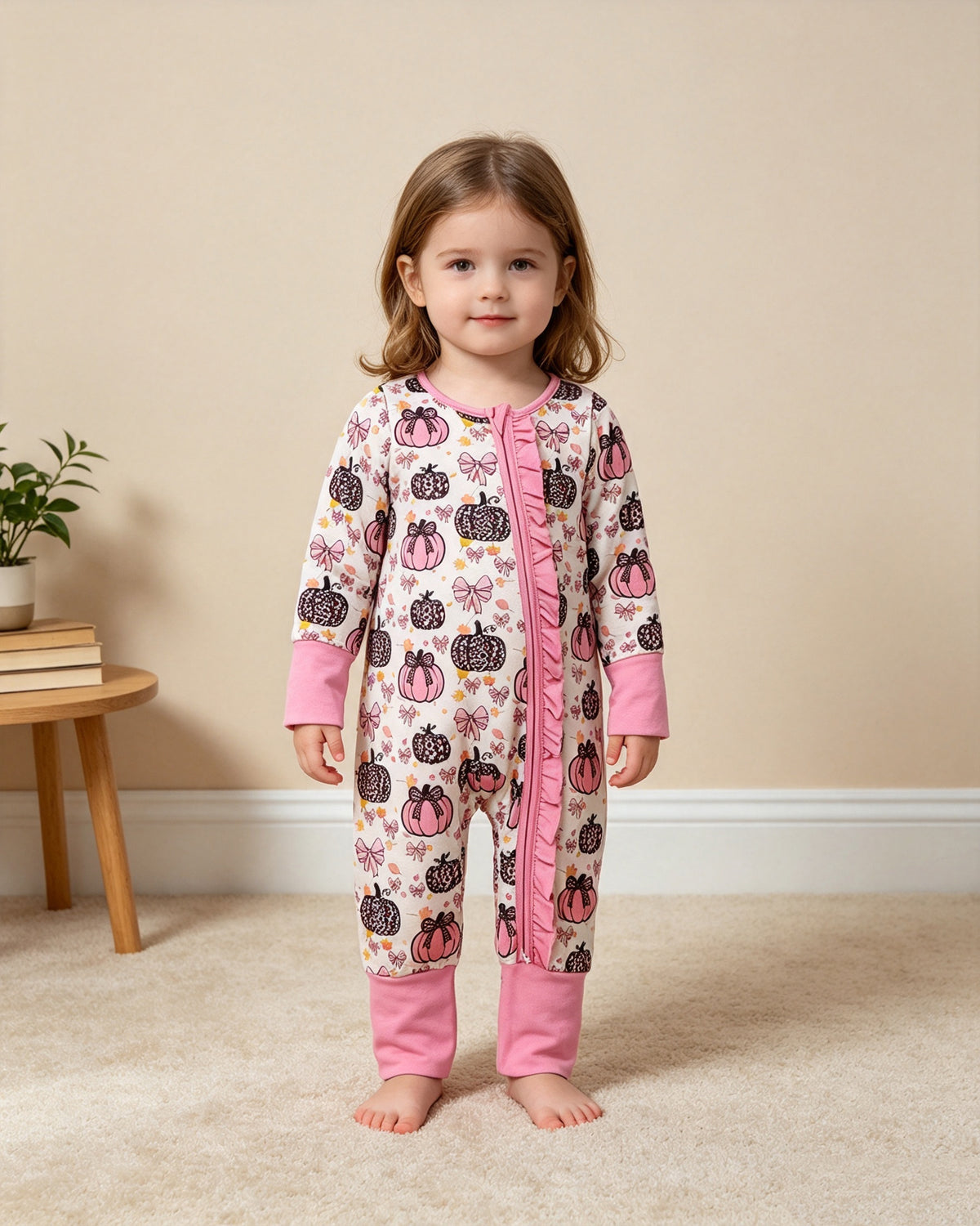 LR3061 RTS NO MOQ （In stock）milk silk Long sleeves leopard pink bow baby girls fall zipper romper