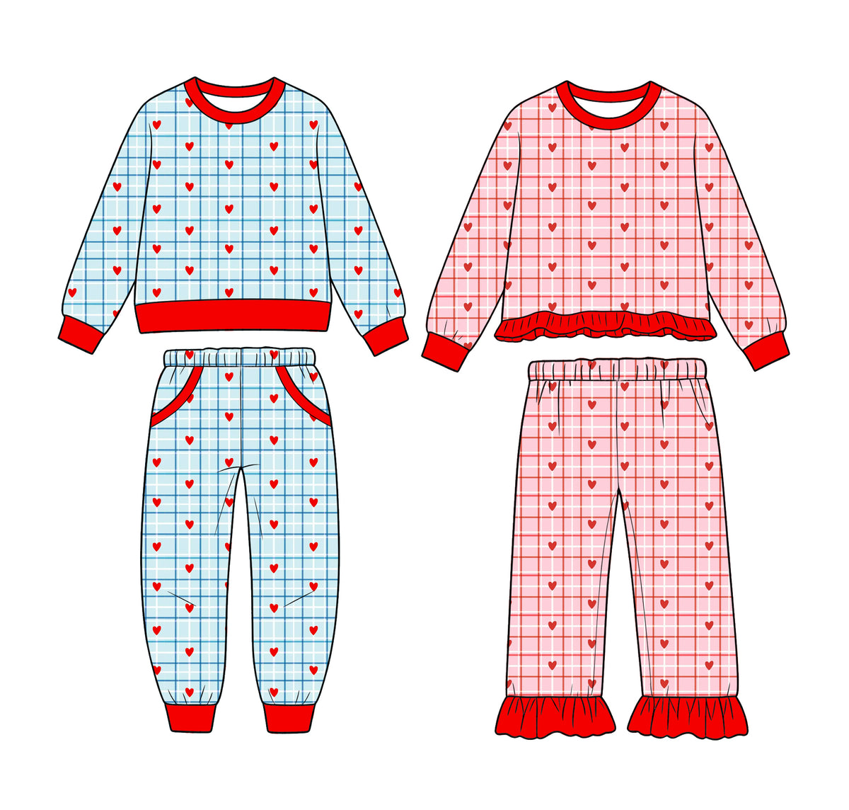 (Preorder new) No moq Baby Girls And Boys Valentines Day Red Heart Plaid Matching Outfit