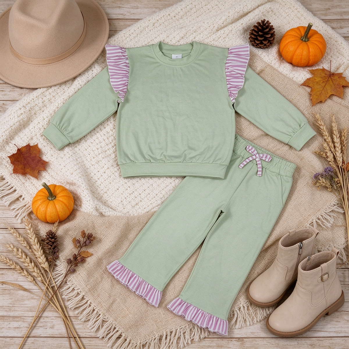 RTS NO MOQ （In stock）cotton GLP3700（GT1847+P1156）Baby Girls Light Green Stripe Flutter Sleeve Top Pockets Ruffle Pant Set