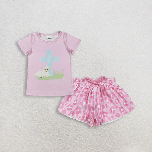 3.5 RTS NO MOQ （In stock）GT1394 + SS0587 Baby Girls Pink Short Sleeve Cross Sheep Easter T-shirts Top  Summer Shorts Bottoms