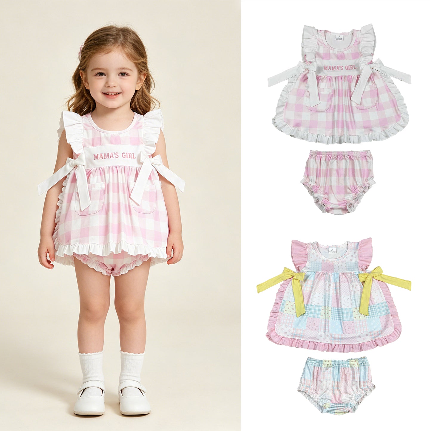 RTS Sibling Pink flutter sleeves floral bow tunic bummies girls outfits