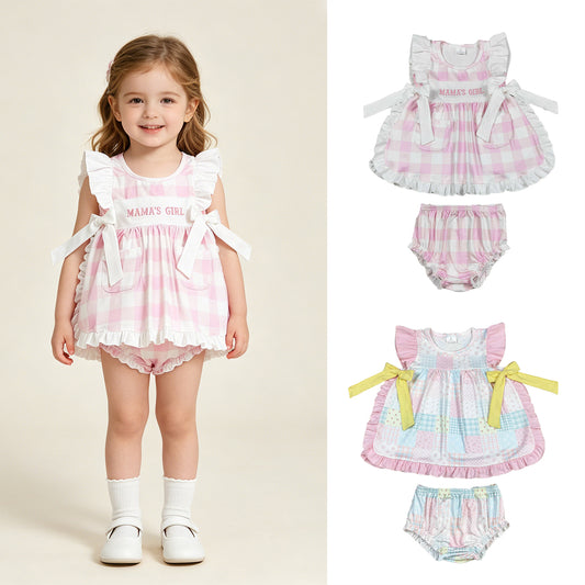 RTS Sibling Pink flutter sleeves floral bow tunic bummies girls outfits