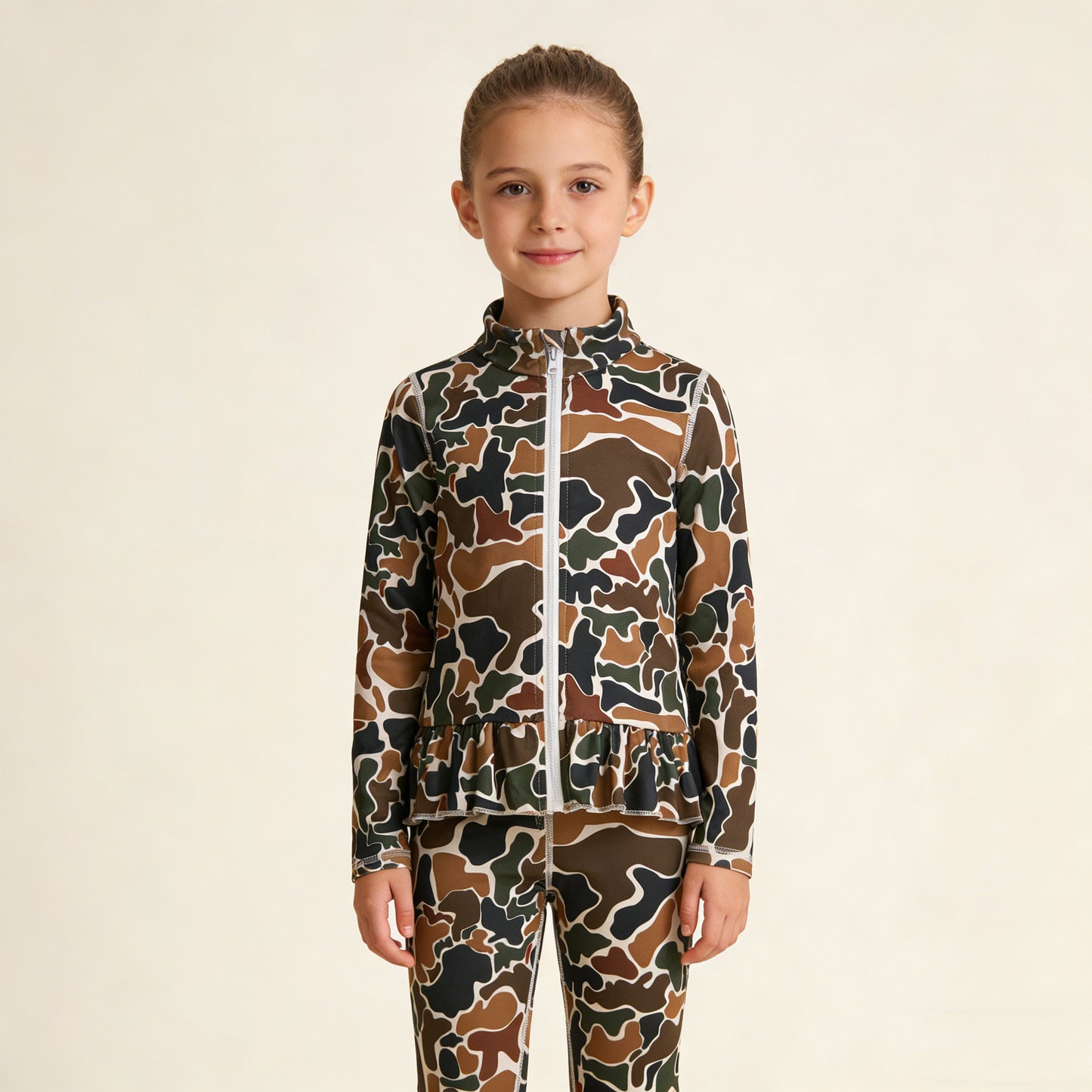 4.1 RTS NO MOQ （In stock）GLP2992 Long sleeves brown camo ruffle top leggings girls yoga set