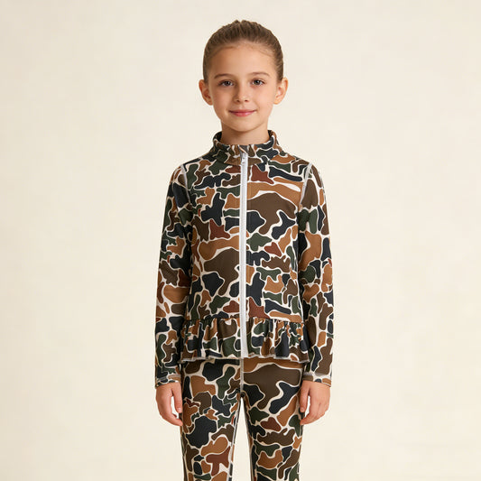 4.1 RTS NO MOQ （In stock）GLP2992 Long sleeves brown camo ruffle top leggings girls yoga set