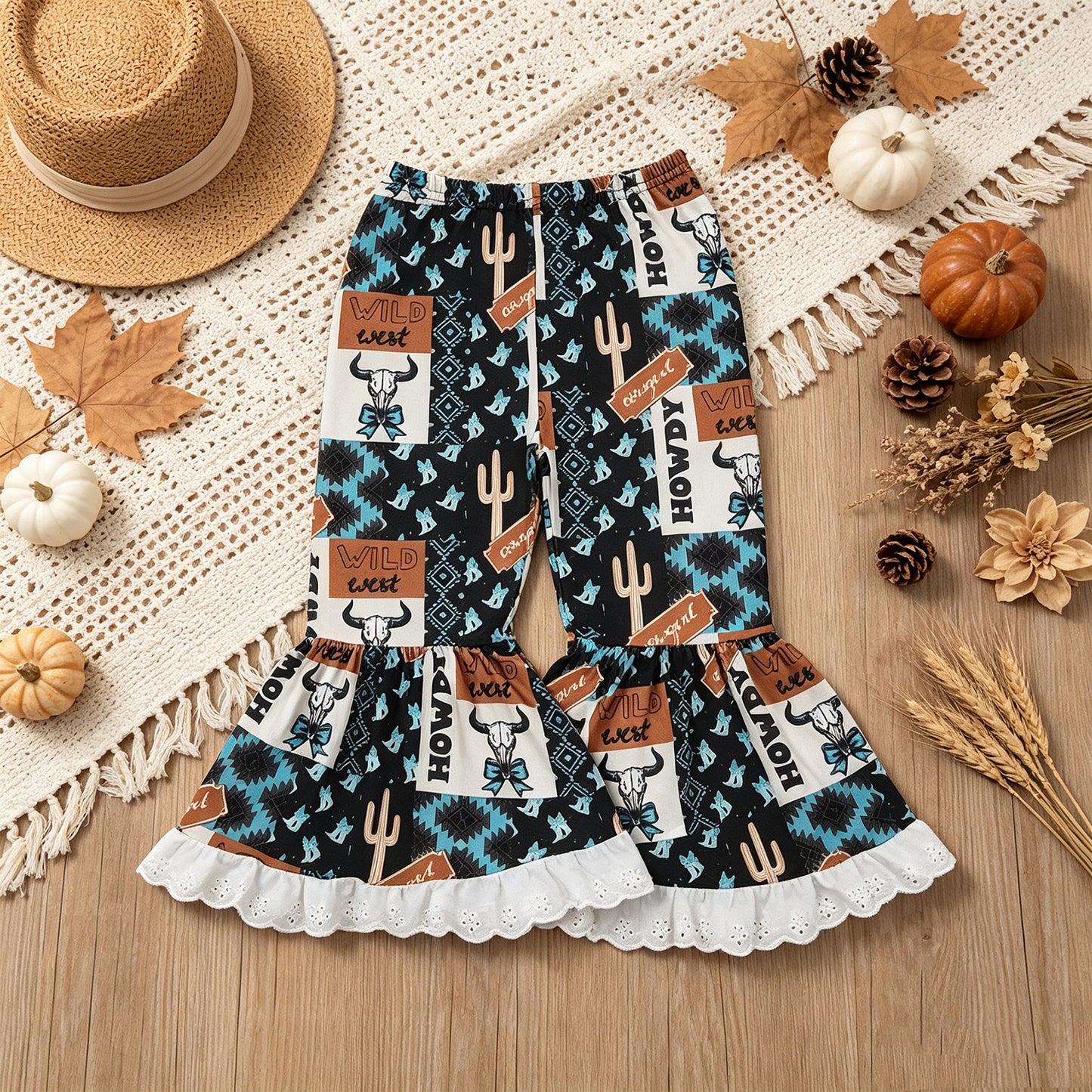 RTS NO MOQ （In stock）milk silk P0781 Baby Girls Blue Aztec Bow Bull Skull Plaid Bell Bottom Casual Pants