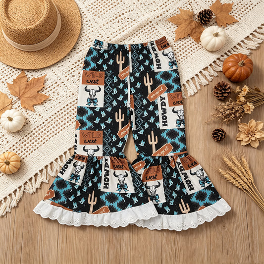 RTS NO MOQ （In stock）milk silk P0781 Baby Girls Blue Aztec Bow Bull Skull Plaid Bell Bottom Casual Pants