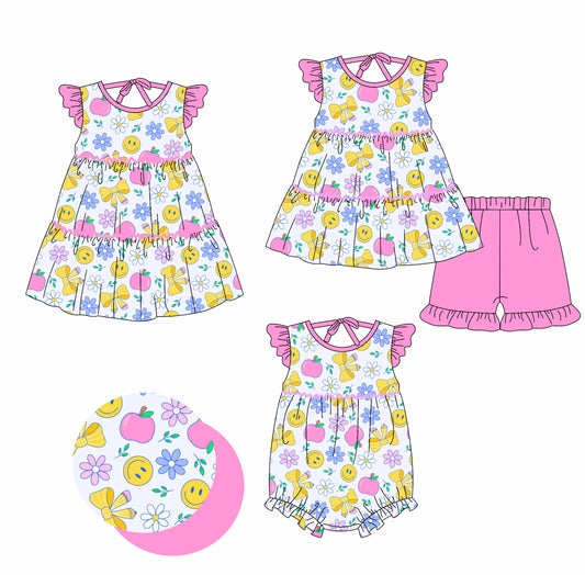 CUSTOM MOQ 5 Sibling Baby Girls Back To School Apple Tunic Ruffle Shorts Clothes Set Knee Length Dress Rompers
