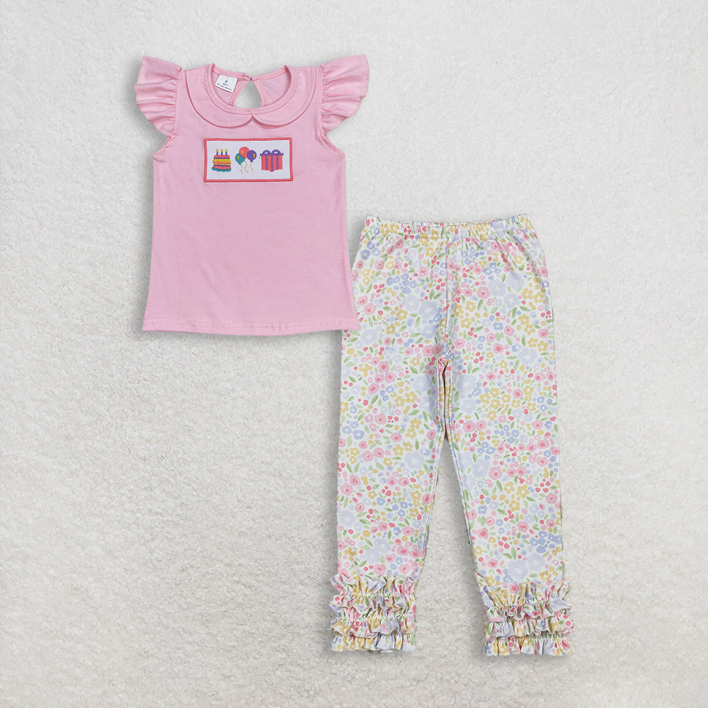3.11 RTS NO MOQ （In stock）GT0501 + P1005 Baby Girls Birthday Pink Flutter Sleeve Tee Shirts Tops Flowers Ruffle Legging Pants Bottom