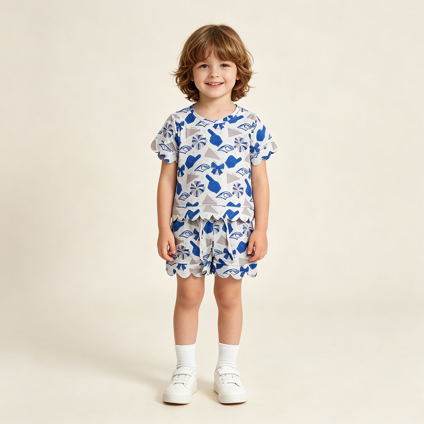 GSSO3408 RTS NO MOQ （In stock ）Short sleeves blue bow scallop top shorts girls team outfits