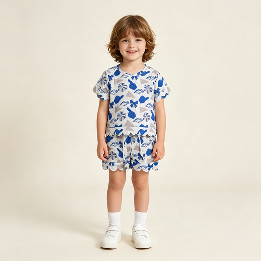 GSSO3408 RTS NO MOQ （In stock ）Short sleeves blue bow scallop top shorts girls team outfits