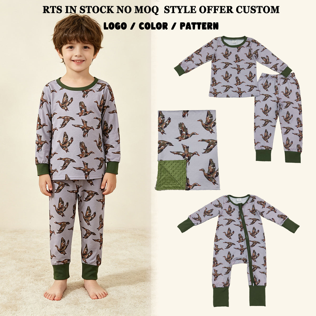 RTS NO MOQ Sibling milk silk Baby Boys Camo Mallard Duck Print Zipper Romper Kids Long Sleeve Pajama Set And Minky Blanket
