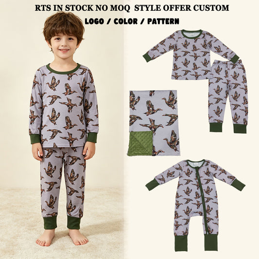 RTS NO MOQ Sibling milk silk Baby Boys Camo Mallard Duck Print Zipper Romper Kids Long Sleeve Pajama Set And Minky Blanket