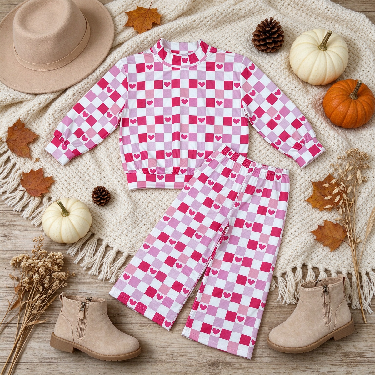 RTS NO MOQ （In stock）milk silk GLP3867 High Neck Baby Girls Casual Pink Checked Hearts Choker Top Flare Pant Valentines Set
