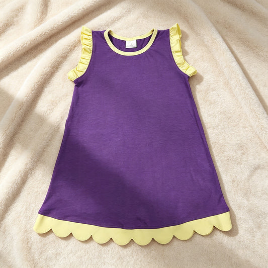 GSD4046 RTS NO MOQ （In stock）Yellow scallop ruffle sleeveless purple girls cotton team dress