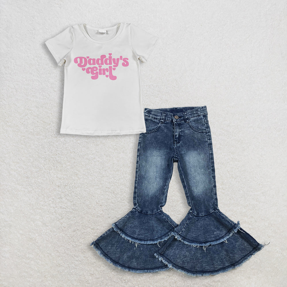 3.2 RTS NO MOQ （In stock）GT1566 + C5-15 Baby Girls Summer Daddy's Girls White Shirt Denim Jeans Pants Clothes Sets