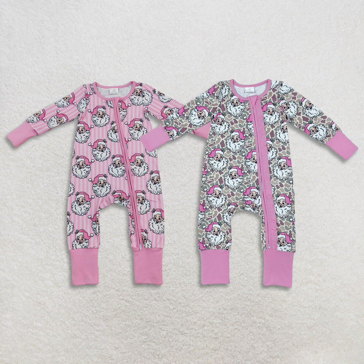 RTS NO MOQ Sibling milk silk Baby Girls Pink Santa Print Zipper Long Sleeve Christmas Romper