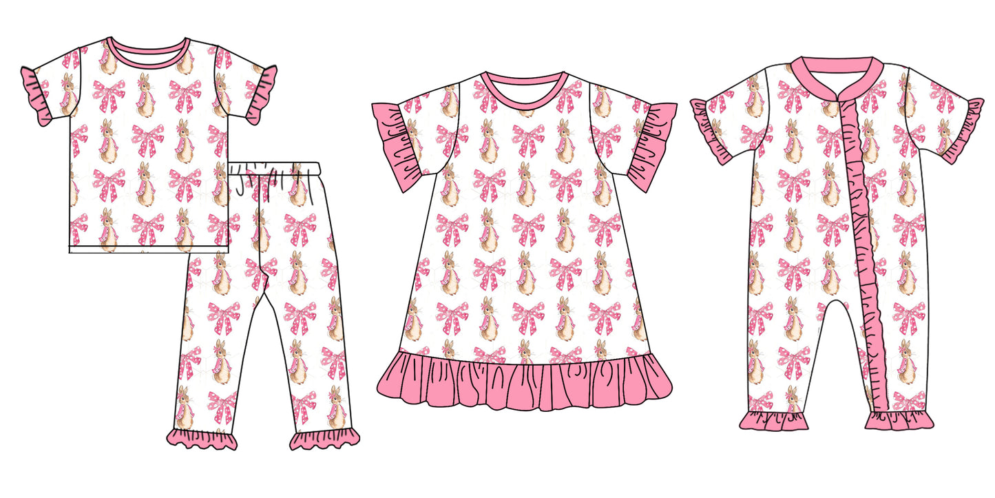 Baby Girls Easter Bow Bunny Zipper Bodysuit-Short Sleeve Pants Set-Short Sleeve Dress Pre-Order
