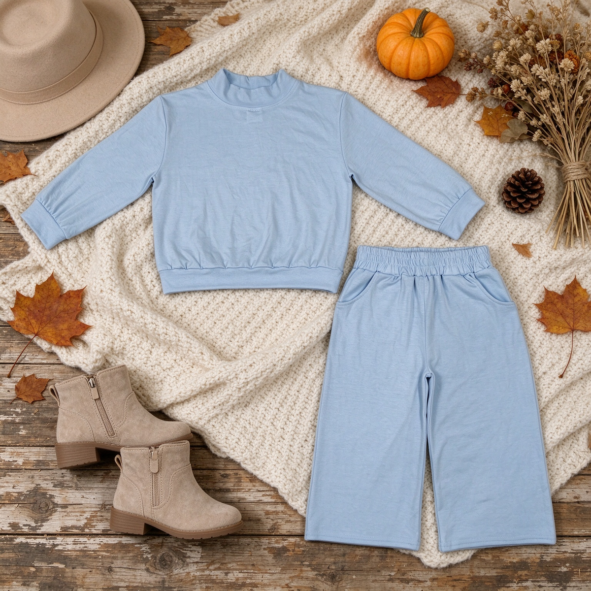 RTS NO MOQ （In stock）cotton GLP3472 High Neck Baby Girls Light Blue Pocket Long Sleeve Top Flare Pants Sleepwear Set
