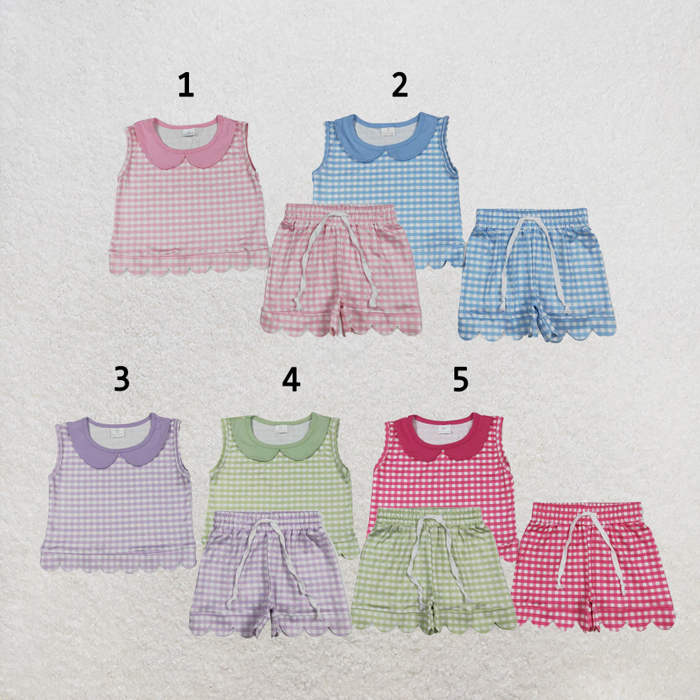 RTS Sibling Baby Girls Short Sleeve Collar Checked Top Pockets Shorts Scallop Clothes Sets