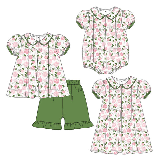Girls Floral Tunic Top with Green Ruffle Shorts Set Short Sleeve Cute Children's Outfit Combination