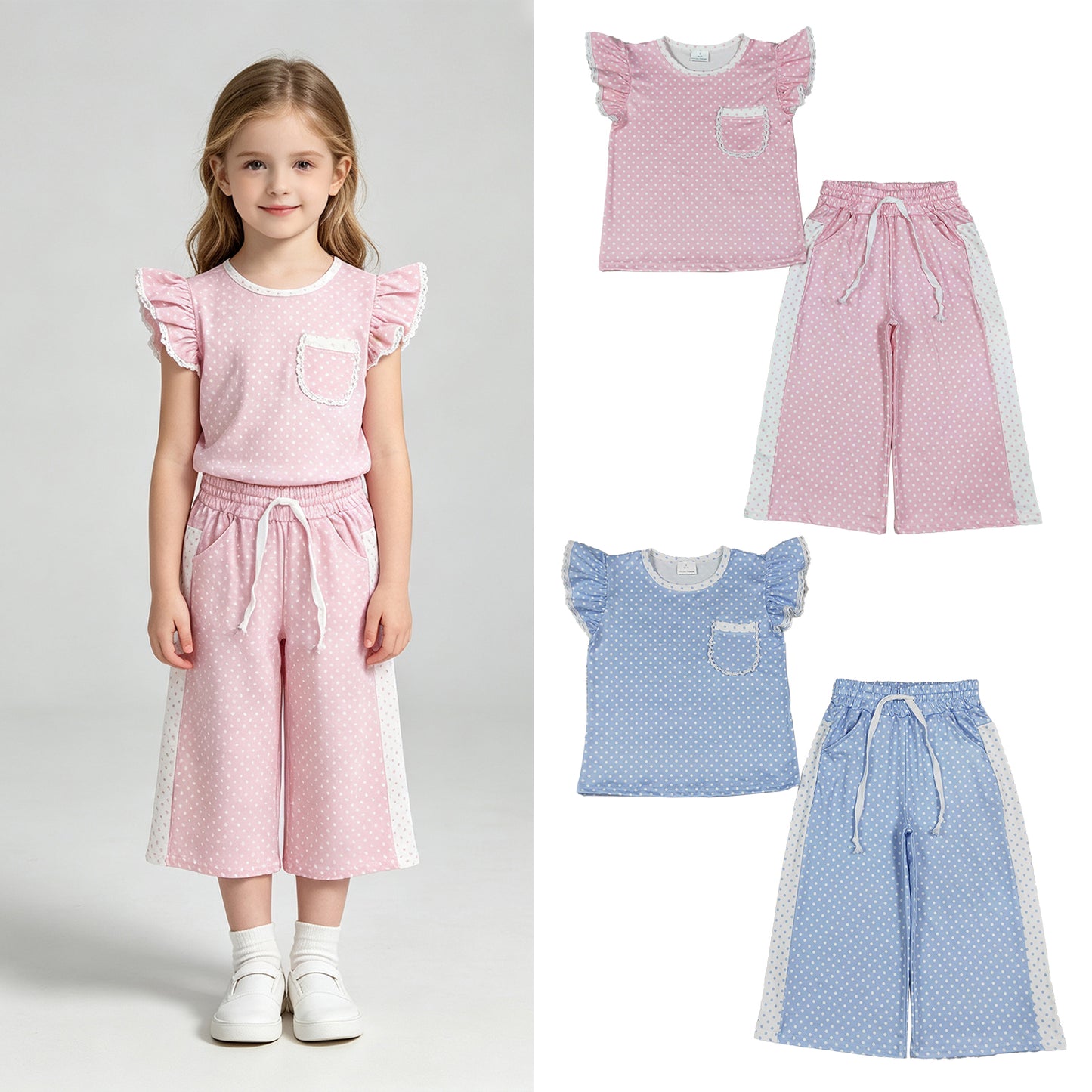 RTS Sibling Pink and bule polka dots flutter sleeves top pants girls outfits