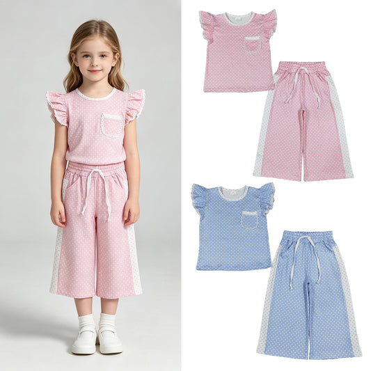 RTS Sibling Pink and bule polka dots flutter sleeves top pants girls outfits