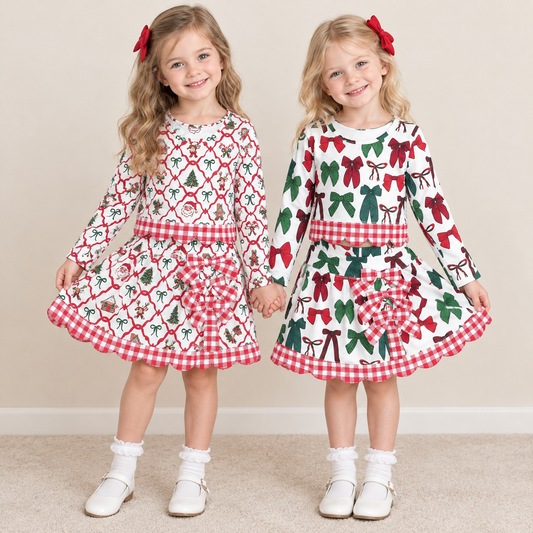RTS NO MOQ Sibling yoga fabric Baby Girls Christmas Print Long Sleeve Top And Scallop Skirt Yoga Outfit