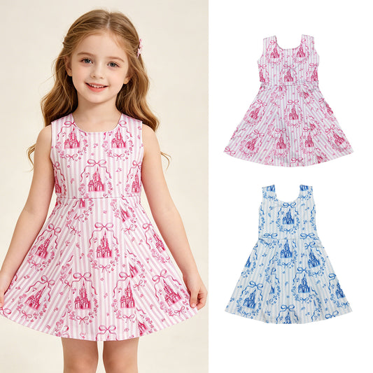 RTS NO MOQ （In stock ）Sleeveless light blue and Pink bow castle girls athletic dresses