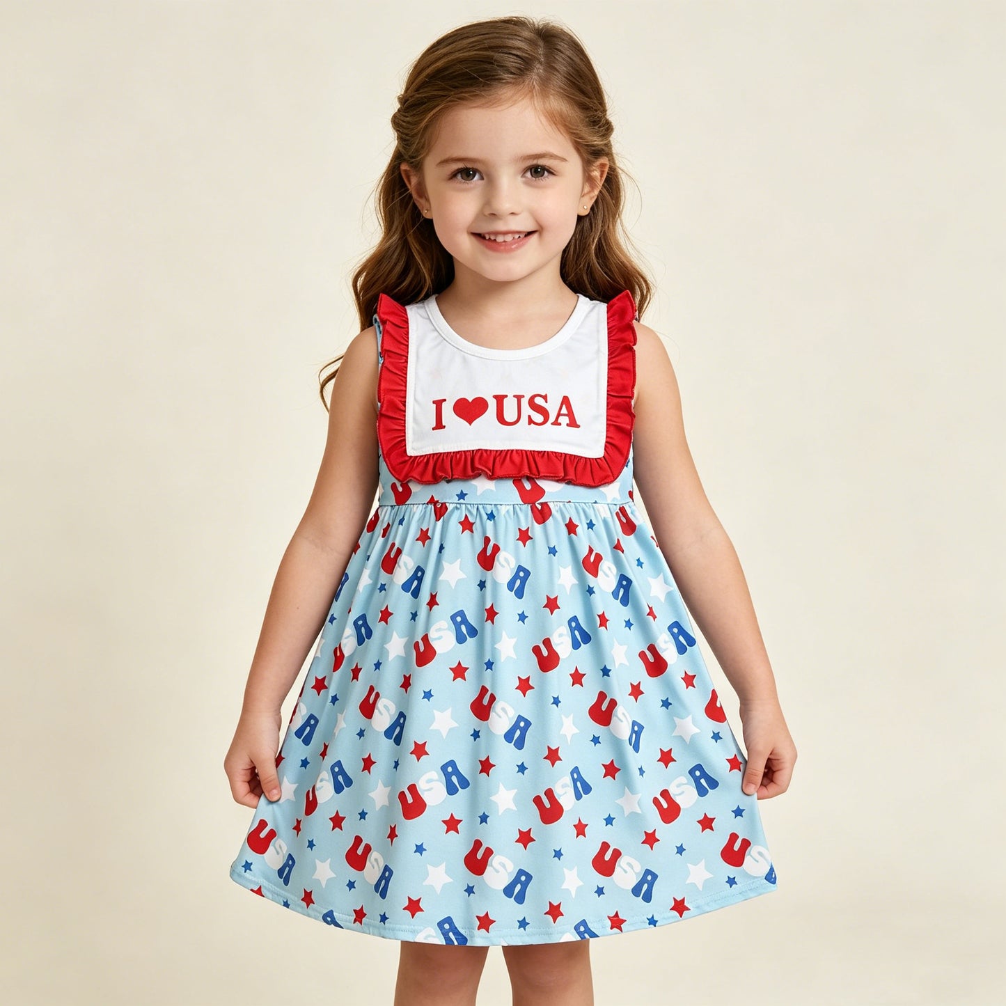 GSD4002 RTS NO MOQ （In stock）I love USA ruffle stars baby girls 4th of july dress